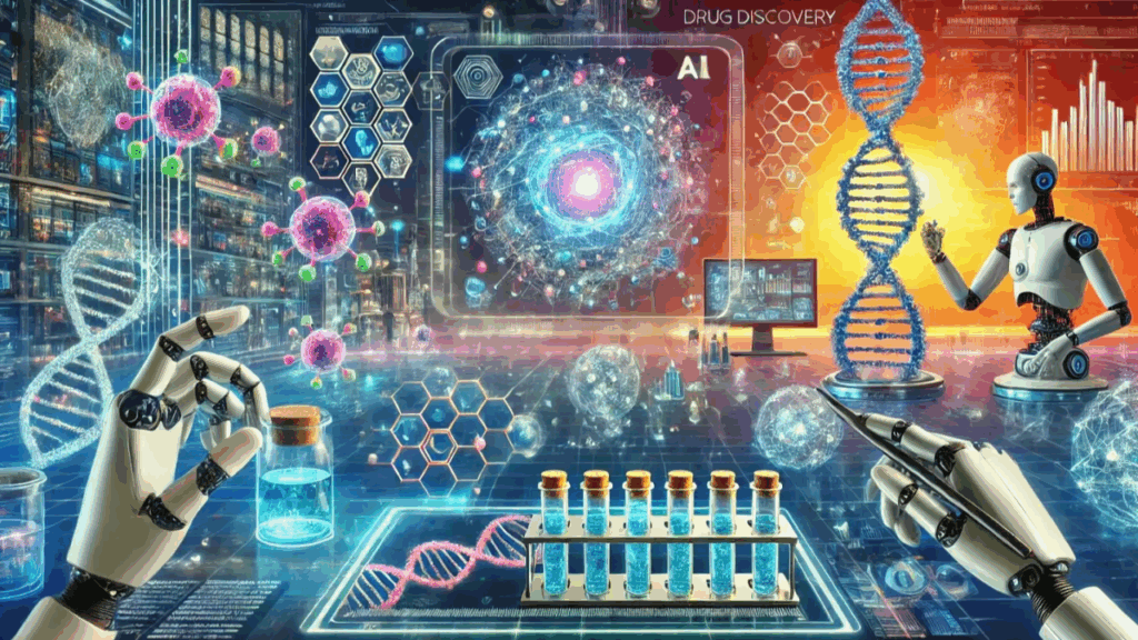 image of AI-powered drug discovery visualization showing molecular structures