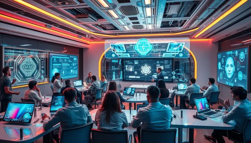 image of creative team collaborating with AI tools in a modern workspace